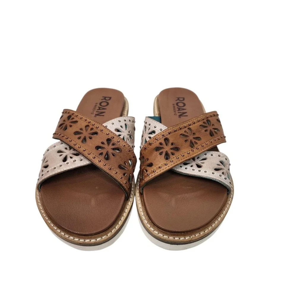 ROAN Chant Sandals Womens 6.5 36.5 Brown Leather Floral Slide Wedge Shoes